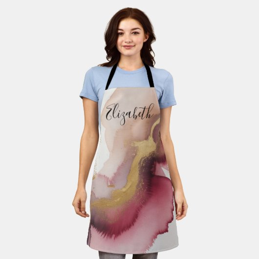 Elegant Burgundy and Gold Watercolor Art エプロン (着用した状態)