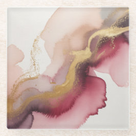 Elegant Burgundy and Gold Watercolor Art ガラスコースター
