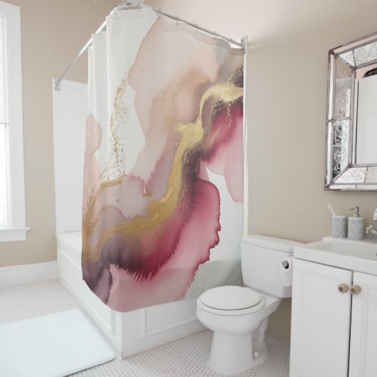 Elegant Burgundy and Gold Watercolor Art シャワーカーテン (インサイチュ)