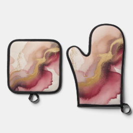 Elegant Burgundy and Gold Watercolor Art 鍋つかみ&鍋敷きセット