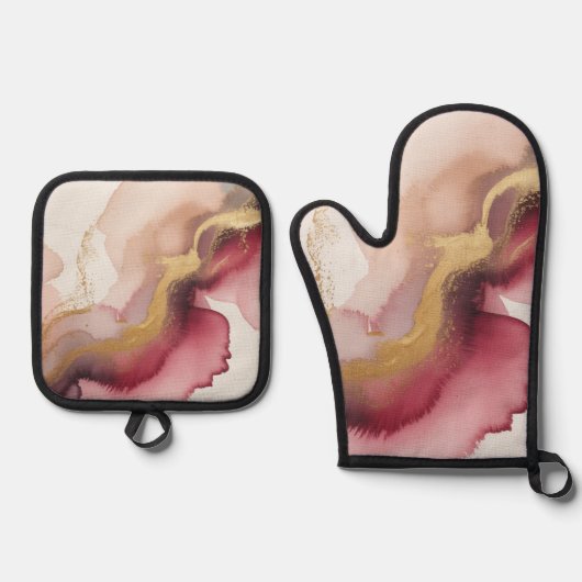 Elegant Burgundy and Gold Watercolor Art 鍋つかみ&鍋敷きセット (正面)