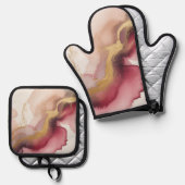 Elegant Burgundy and Gold Watercolor Art 鍋つかみ&鍋敷きセット (正面/裏面)