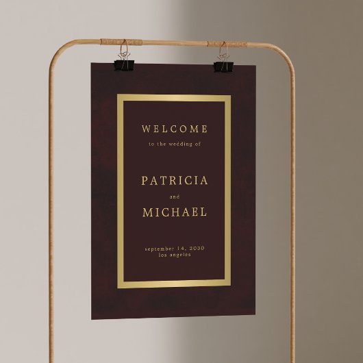 Elegant burgundy and gold wedding welcome sign ポスター