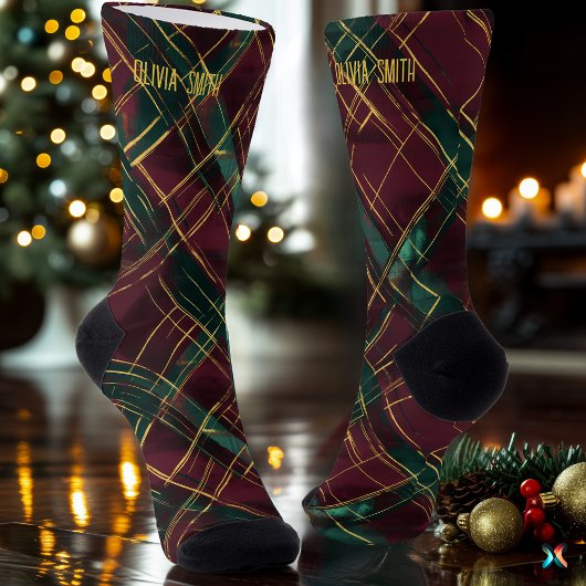 Elegant Burgundy and Green Christmas Plaid Custom ソックス