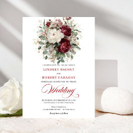 Elegant Burgundy and White Flowers Wedding Invite 招待状