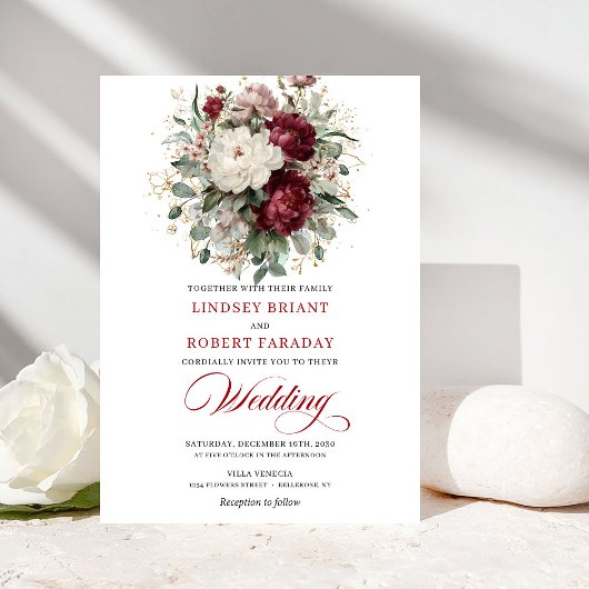 Elegant Burgundy and White Flowers Wedding Invite 招待状