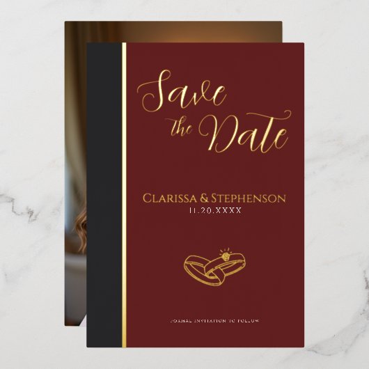 Elegant Burgundy Anthracite Photo Save The Date 箔招待状 (正面/裏面)