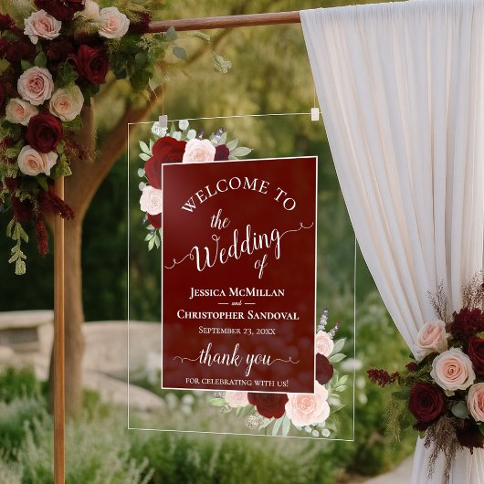 Elegant Burgundy Blush Boho Roses Wedding Welcome アクリルサイン
