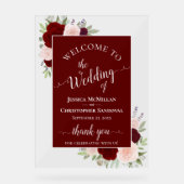 Elegant Burgundy Blush Boho Roses Wedding Welcome アクリルサイン (正面)