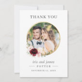 Elegant Burgundy Blush Floral Circle Gold Wedding サンキューカード (正面)