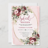 Elegant Burgundy Blush Floral Sweet Sixteen Invite 招待状 (正面)