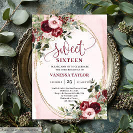 Elegant Burgundy Blush Floral Sweet Sixteen Invite 招待状