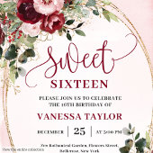 Elegant Burgundy Blush Floral Sweet Sixteen Invite 招待状