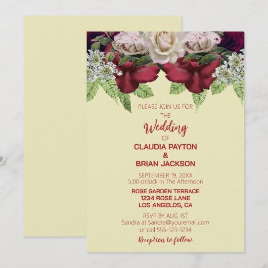 Elegant Burgundy Blush Floral Wedding 招待状 (正面/裏面)