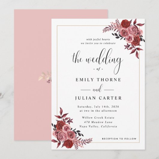 Elegant Burgundy Blush Floral Wedding 招待状 (正面/裏面)