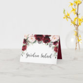 Elegant Burgundy Blush Floral Wedding Food Tent カード (黄色い花)