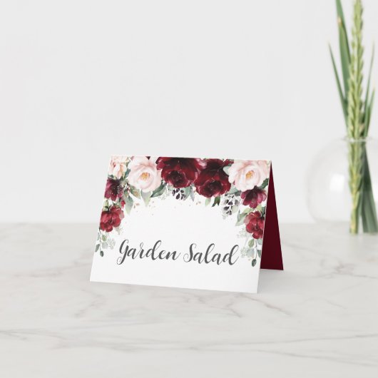 Elegant Burgundy Blush Floral Wedding Food Tent カード (正面)
