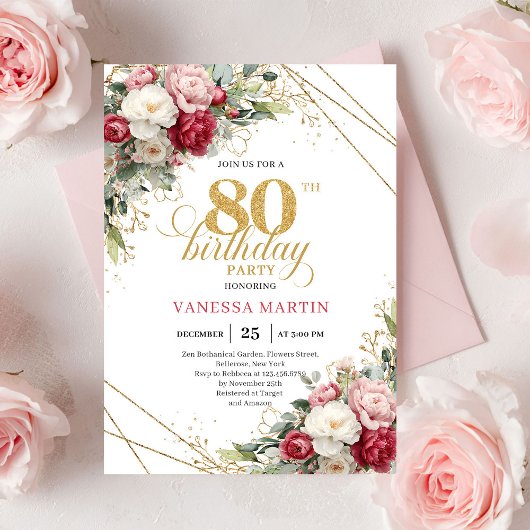 Elegant Burgundy Blush Gold 80th Birthday Invite 招待状