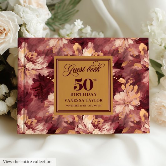 Elegant Burgundy Blush Gold Floral 50th Birthday ゲストブック