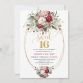 Elegant Burgundy Blush Gold Floral Sweet Sixteen 招待状 (正面)