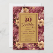 Elegant burgundy blush gold roses 50th birthday  招待状 (正面)