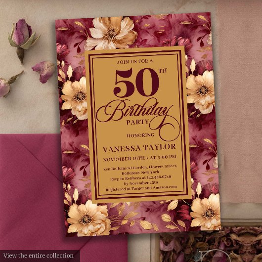 Elegant burgundy blush gold roses 50th birthday  招待状