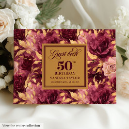 Elegant burgundy blush gold roses 50th guest book ゲストブック