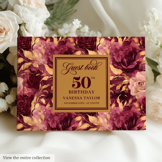 Elegant burgundy blush gold roses 50th guest book ゲストブック
