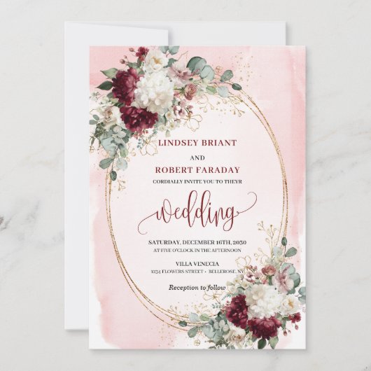 Elegant burgundy blush gold roses wedding invites 招待状 (正面)