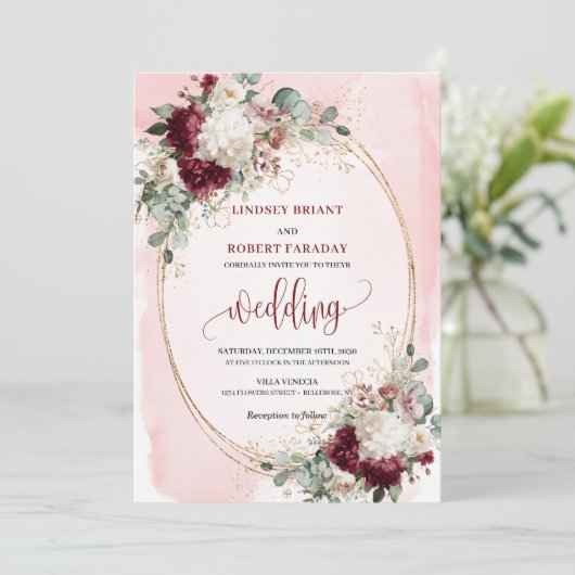 Elegant burgundy blush gold roses wedding invites 招待状 (スタンド正面)