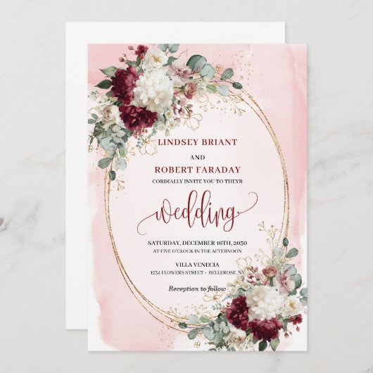 Elegant burgundy blush gold roses wedding invites 招待状 (正面/裏面)