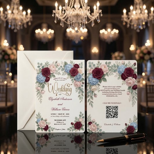 Elegant Burgundy Blush Pink Modern QR Code Wedding 招待状