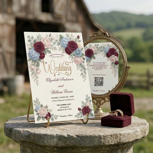 Elegant Burgundy Blush Pink Modern QR Code Wedding 招待状