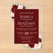Elegant Burgundy Blush Roses Stylish Text Wedding アクリル招待状 (正面)