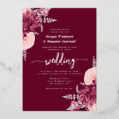 Elegant Burgundy Blush Silver Floral Wedding 箔招待状 (正面)