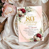 Elegant Burgundy Bohemian Floral 80th Birthday  招待状