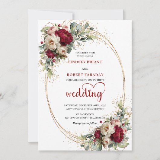 Elegant Burgundy Boho Floral Wedding Invitation 招待状 (正面)