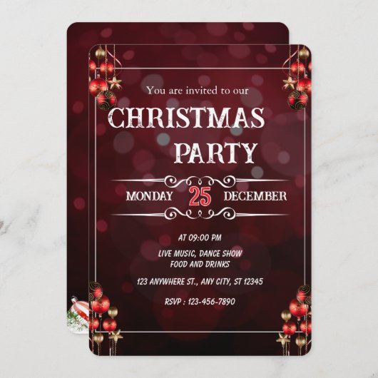 Elegant Burgundy Christmas Party Invitation Card 招待状 (正面/裏面)