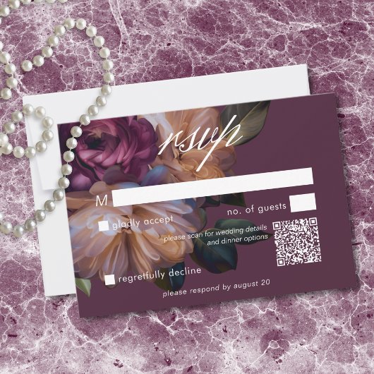 Elegant Burgundy Classic Moody Floral Wedding QR 出欠カード