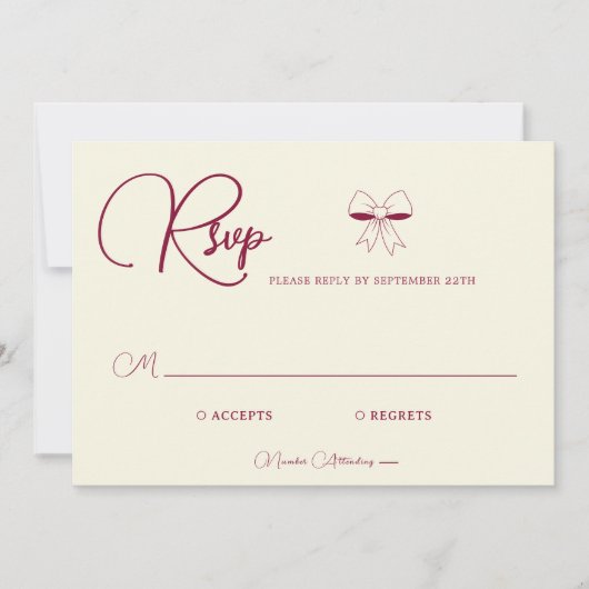 Elegant Burgundy Cream Ivory Bow Wedding RSVP Card (正面)