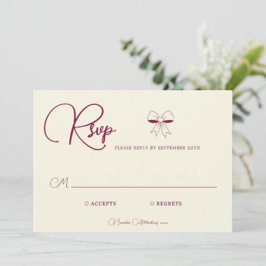 Elegant Burgundy Cream Ivory Bow Wedding RSVP Card (スタンド正面)