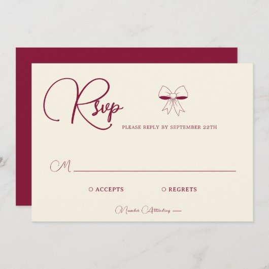 Elegant Burgundy Cream Ivory Bow Wedding RSVP Card (正面/裏面)