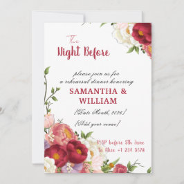 Elegant Burgundy, Crimson Floral Rehearsal Dinner 招待状