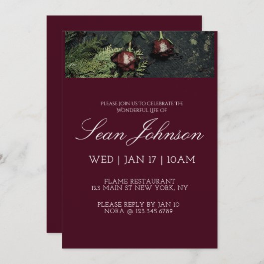 Elegant Burgundy Dark Rose Modern Custom Funeral 招待状 (正面/裏面)