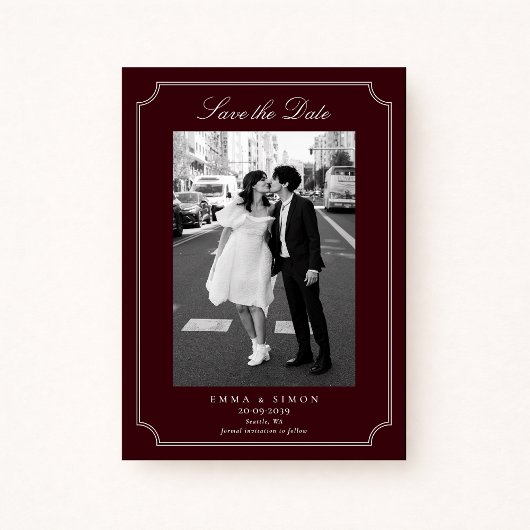 Elegant Burgundy Double Frame Photo Save the Date サンキューカード