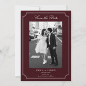 Elegant Burgundy Double Frame Photo Save the Date サンキューカード (正面)