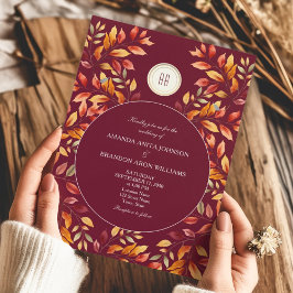 Elegant Burgundy Fall Leaves Wedding 招待状