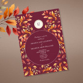 Elegant Burgundy Fall Leaves Wedding 招待状