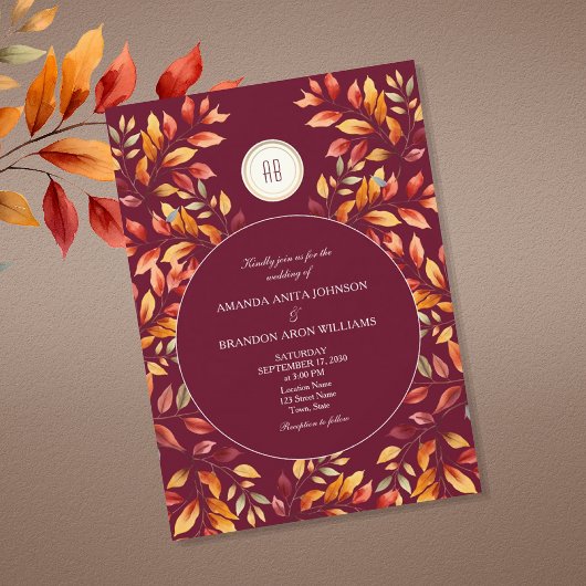 Elegant Burgundy Fall Leaves Wedding 招待状