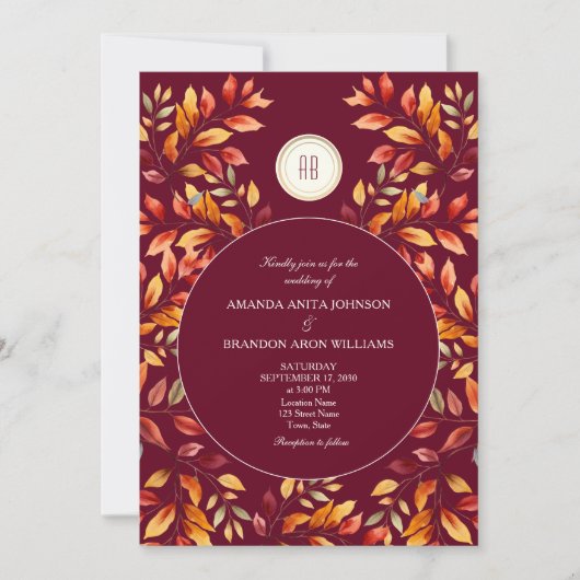 Elegant Burgundy Fall Leaves Wedding 招待状 (正面)